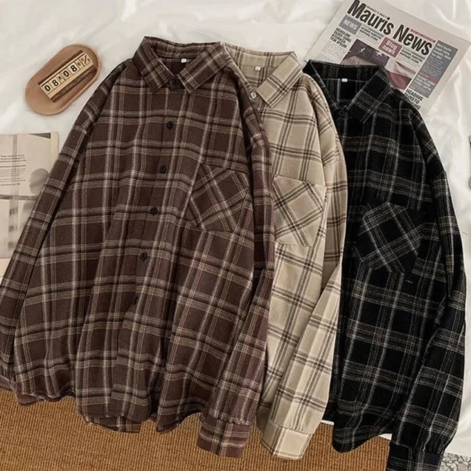 Men's Shirt Plaid Oversize Blouse American Style Long Sleeve Checked Shirt Tops Casual Button up Shirts