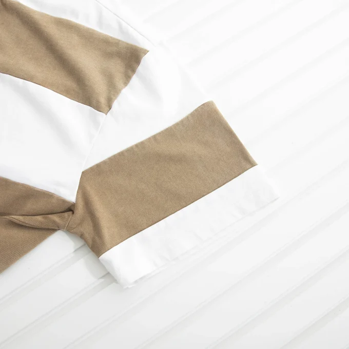 Men's Short Sleeve Softy Shirt in White and Brown Woven Fabric Cross Stripe 100% Cotton Supply