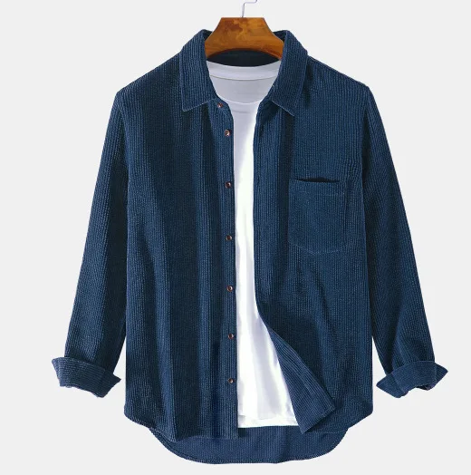 Men's Shirt Plain Style Corduroy Solid Color Casual Long Sleeve Shirts Turn-down Collar Pockets Shirts for Men Clothes