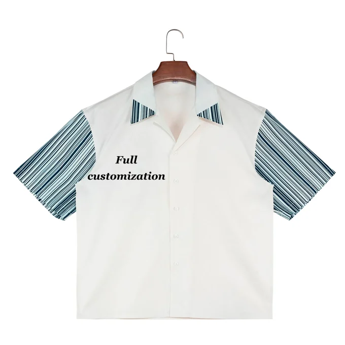 Men's Short Sleeve Boxy Shirt Cuban Collar Embroidery Contrast Color Single Breasted Twill Casual Men's Shirt