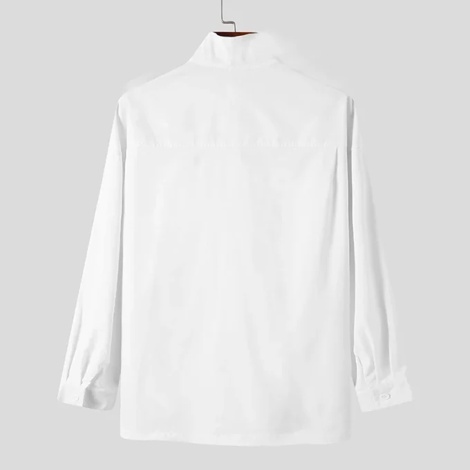 2025 Solid Color Men Shirt Stand Collar Long Sleeve Streetwear Fashion Design Casual Pockets Simple Men Shirt