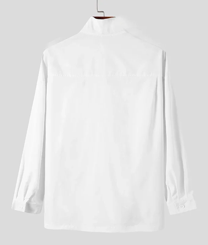 2025 Solid Color Men Shirt Stand Collar Long Sleeve Streetwear Fashion Design Casual Pockets Simple Men Shirt