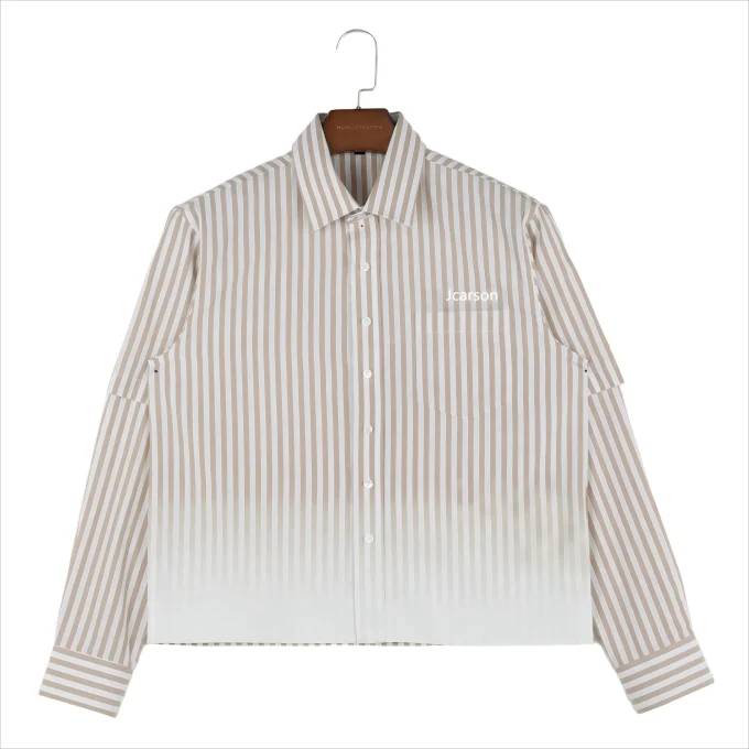 Men's 100% Cotton Bead Embroidery Stripes Patchwork Two-pieces Casual Long Sleeve Button-up Shirts