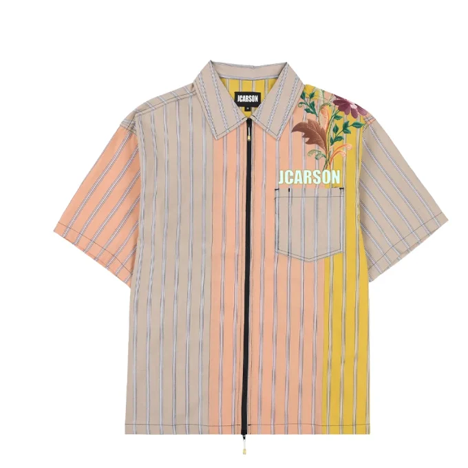 New Design Men's Embroidered Patchwork Stripes Short Sleeve Shirts 100% Cotton Spring Casual