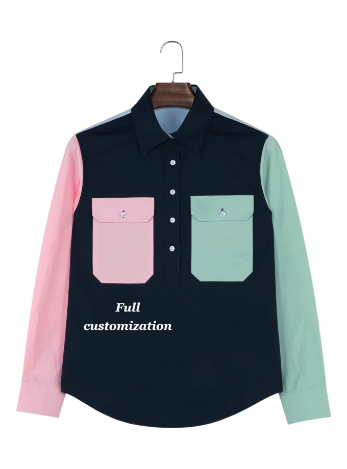 100% Cotton Men's Patchwork Oversized Long-sleeved Square Collar Casual Shirts