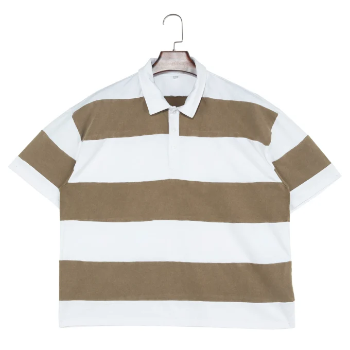 Men's Short Sleeve Softy Shirt in White and Brown Woven Fabric Cross Stripe 100% Cotton Supply