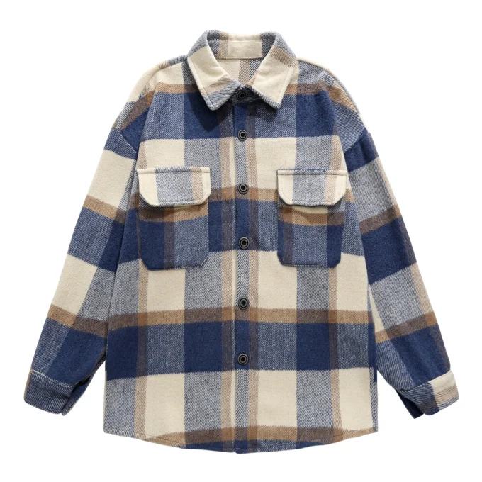 Men's  New Button Style Coat Jacket Plaid Print Double Pockets Flannel Woolen Shirt Coat Jacket