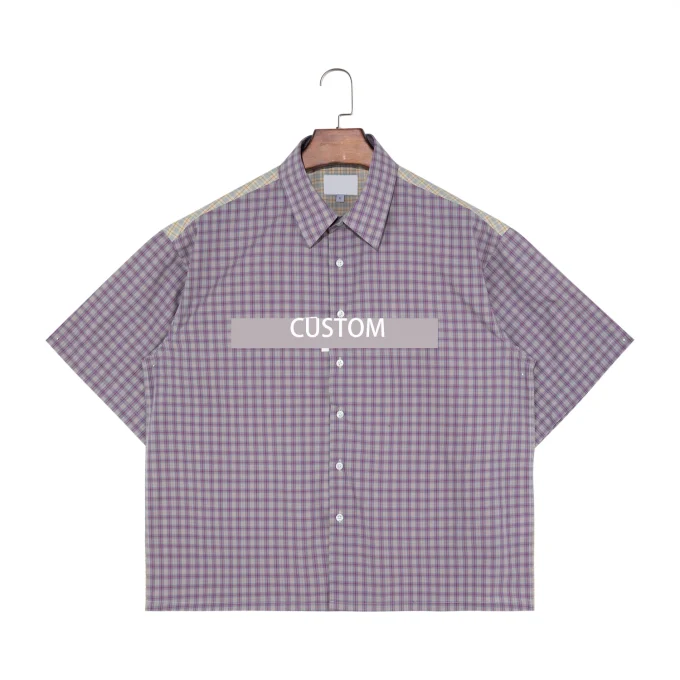 Men's Summer Plaid Shirt Casual Fabric Splicing Hit Color Style Light Purple Short Sleeve Anti-Pilling Available