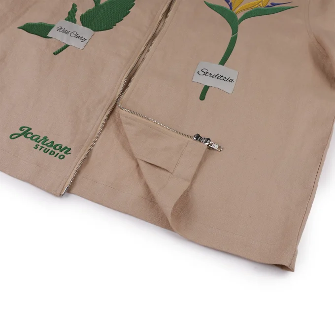 100% Linen Floral Anti-wrinkle Breathable Men's Boxy Style Embroidery Zip-up Short Sleeve Shirts