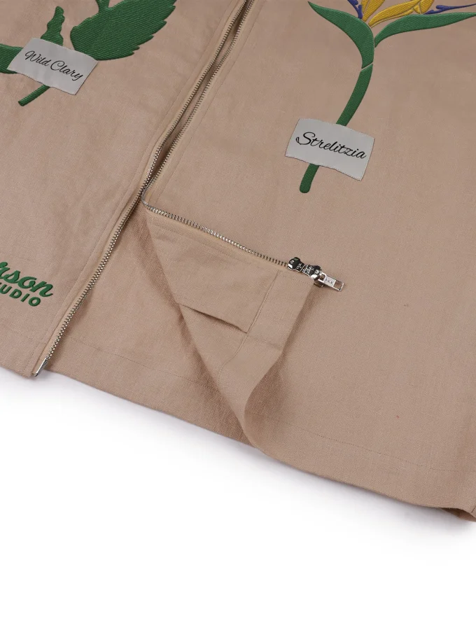 100% Linen Floral Anti-wrinkle Breathable Men's Boxy Style Embroidery Zip-up Short Sleeve Shirts