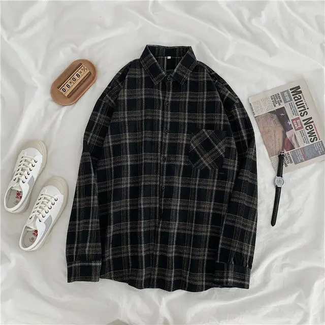 Men's Shirt Plaid Oversize Blouse American Style Long Sleeve Checked Shirt Tops Casual Button up Shirts