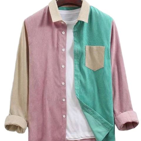 Summer Autumn Men Shirt Corduroy Colorblock Patchwork Casual Chest Pocket Long Sleeve Shirts for Men
