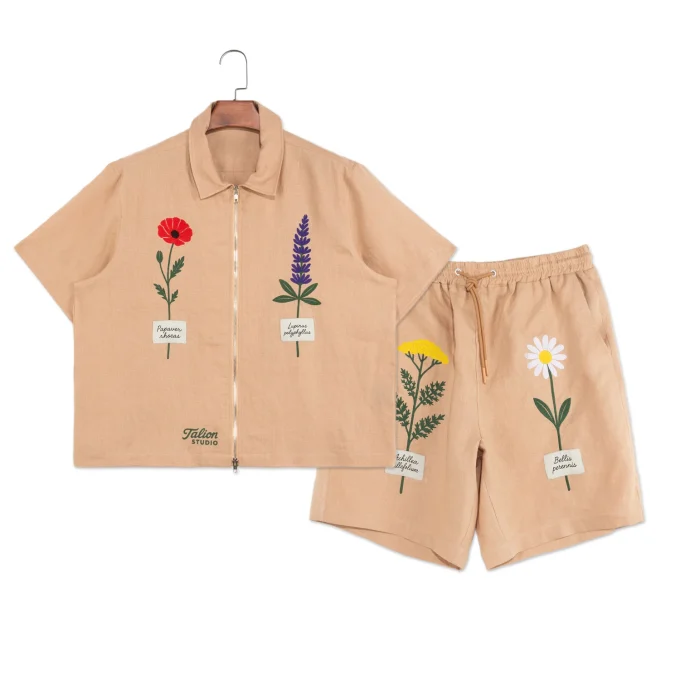 100% Cotton Zipper-Up Shirt Sets for Men Print and Embroid Plus Size Casual Social Men's Shirts Sets