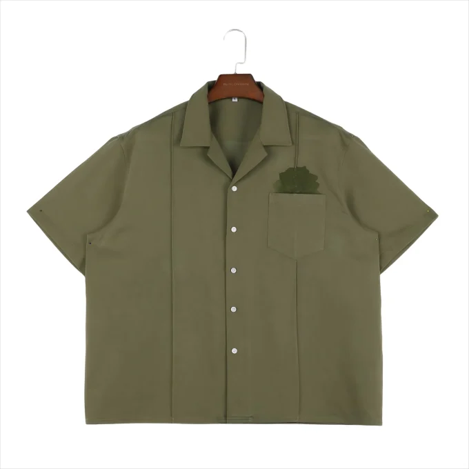 Green Men's Casual Button Down Short Sleeve Fashionable Embroidered Breathable  Knitted Shirts