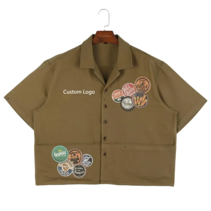 Vintage Boxy Style Square Collar Embroidered Applique Men's Short Sleeve Shirts