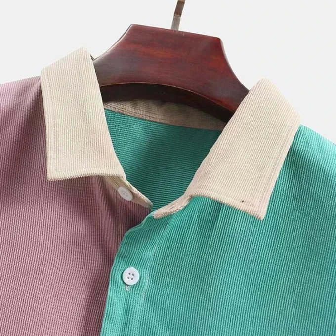 Summer Autumn Men Shirt Corduroy Colorblock Patchwork Casual Chest Pocket Long Sleeve Shirts for Men