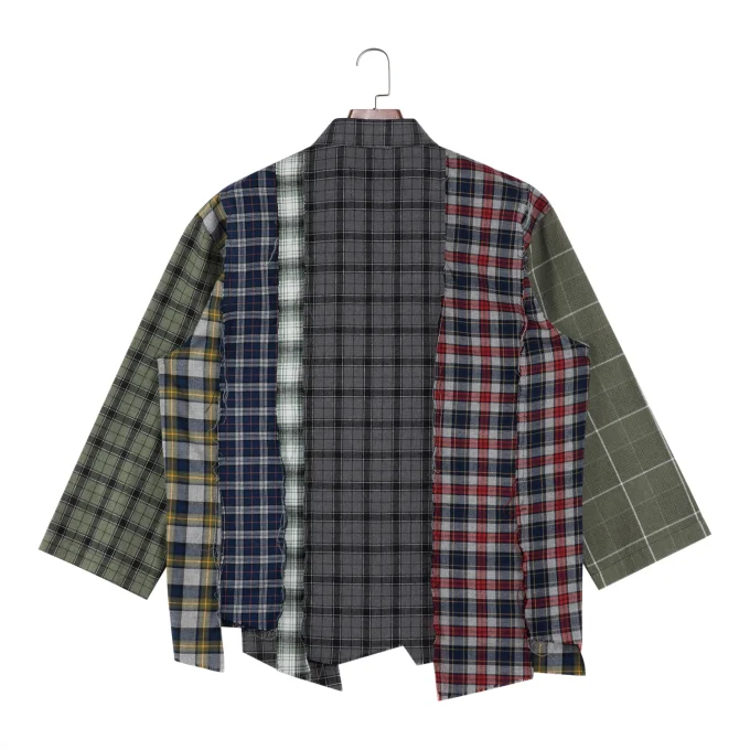 Streetwear Shirts Embroidery Multicolor Patchwork Distressed Plaid Long Sleeve Flannel Shirts for Men