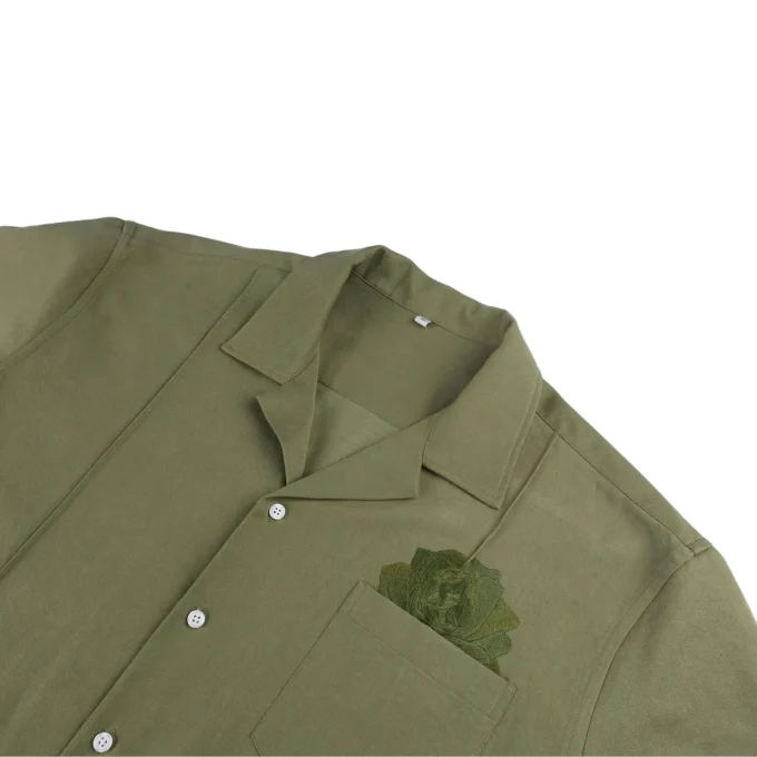 Green Men's Casual Button Down Short Sleeve Fashionable Embroidered Breathable Knitted Shirts