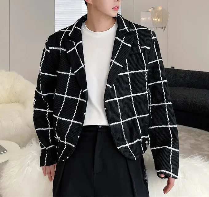 Fashion Chic Plaid Jacket Men's Korean Style Tweed New Loose Long Sleeve Vintage Autumn Winter Short Coat