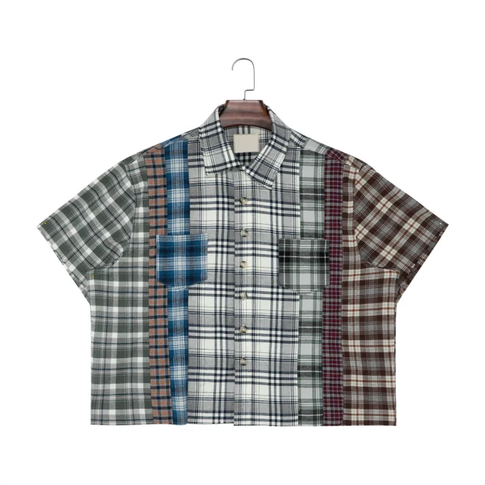 Men's Summer Flannel Patchwork Shirt Casual Style White Plaid Crocheted Beaded Short Sleeve Service Available