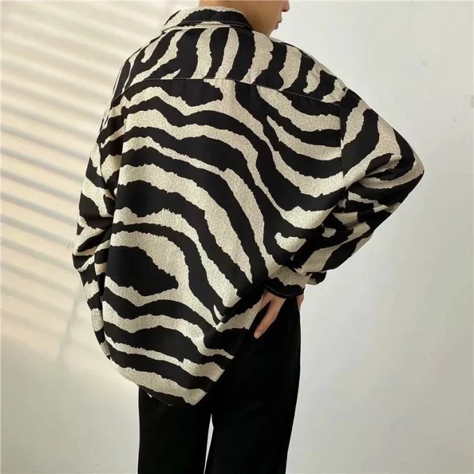 Zebra Striped Long Sleeve Shirts Men Fashion Korean Style Casual Tops Button up Oversize Shirt Men