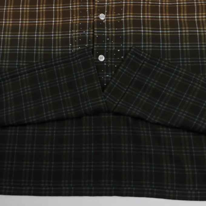 Vintage Style Men's Patchwork Flannel Rhinestone Plaid Long Sleeve Autumn 100% Cotton Shirts