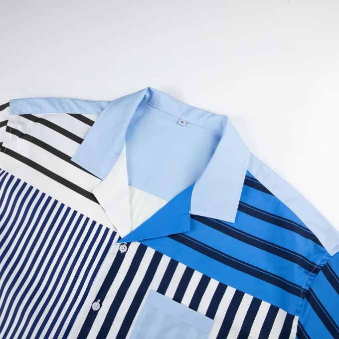 Western Cuban Collar Satin Digital Print Patchwork Causal Men Shirt Plaid Stripe Boxy Fit Short Sleeve Shirts for Men