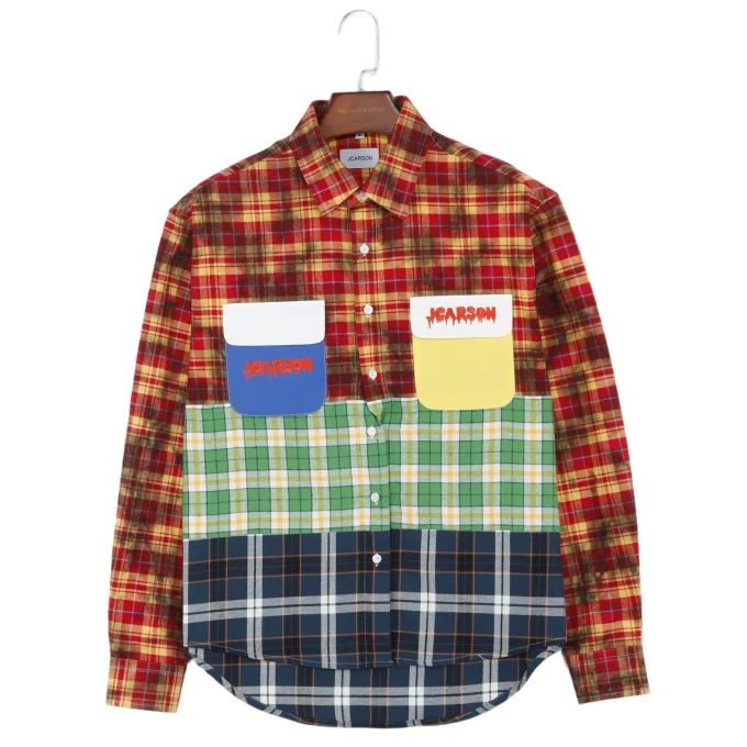 New Arrival Patchwork Plaid Dirty Wash Reversed Placket Men's Long Sleeve Flannel Shirts