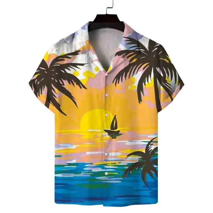 Summer New Men's Casual Anti-Wrinkle Breathable Woven Digital Printing Hawaiian Vacation Short-Sleeved Shirts