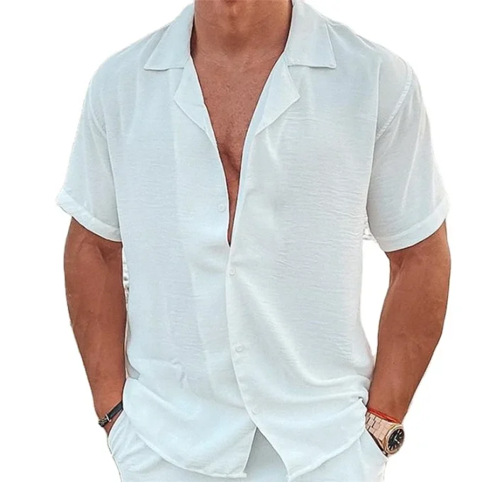 New Cotton Linen Men's Loose Casual Cuban Collar Short Sleeve Shirts White Breathable Beach Men's Button up Shirts