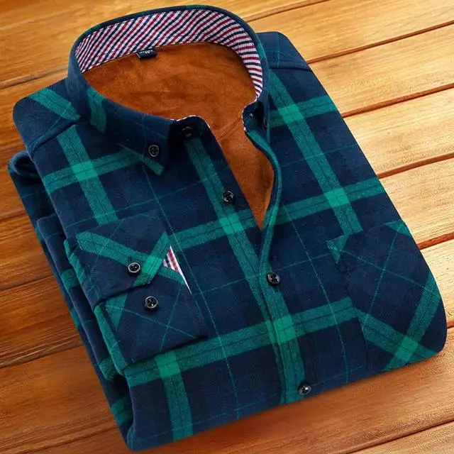 Men Excellent Tailoring Mandarin Collar Thicken Flannel Plaid Shirt