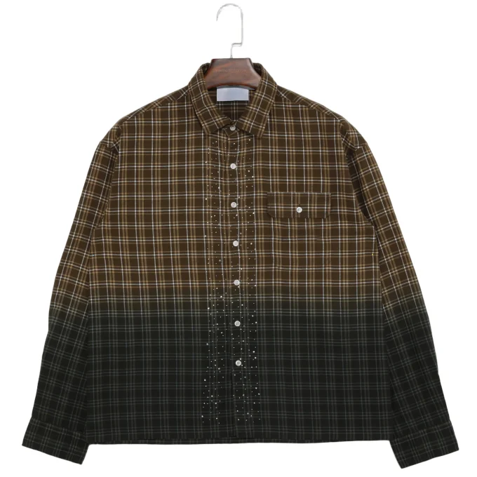 Vintage Style Men's Patchwork Flannel Rhinestone Plaid Long Sleeve Autumn 100% Cotton Shirts