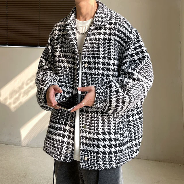 Autumn Plaid Woolen Coat Men Warm Fashion Retro Casual Woolen Jacket Men Korean Loose Long Sleeve Shirts