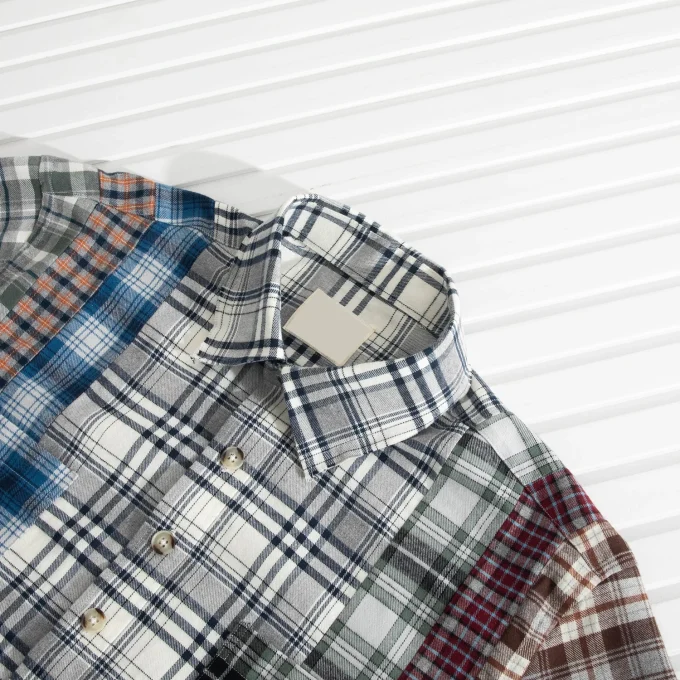 Men's Summer Flannel Patchwork Shirt Casual Style White Plaid Crocheted Beaded Short Sleeve Service Available