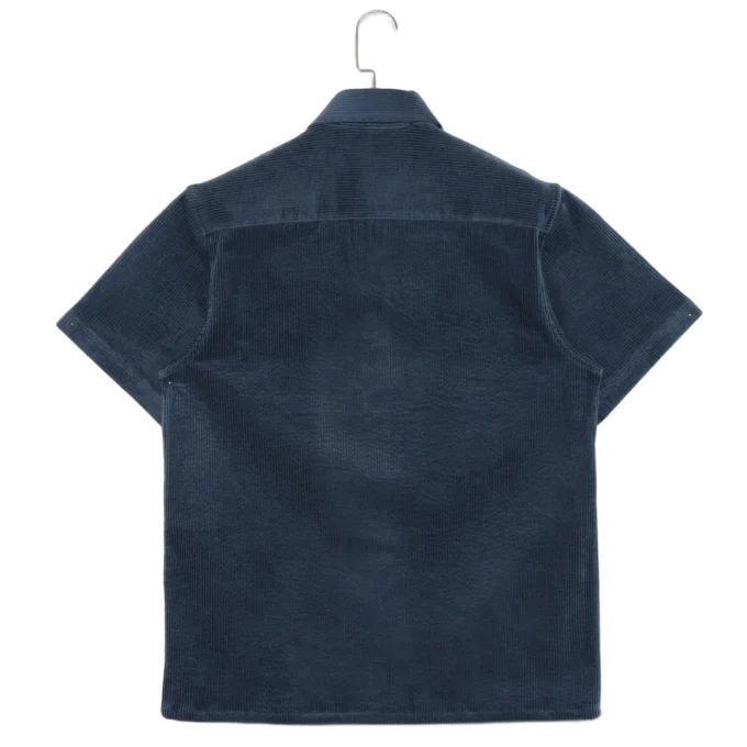 High Quality Men's Casual Embroidered Corduroy Dark Blue Short Sleeve Shirts