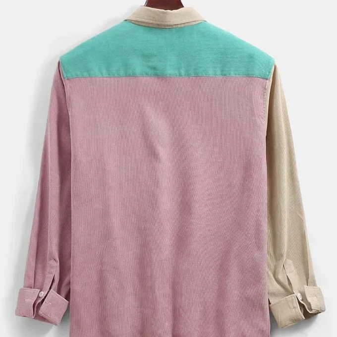 Summer Autumn Men Shirt Corduroy Colorblock Patchwork Casual Chest Pocket Long Sleeve Shirts for Men