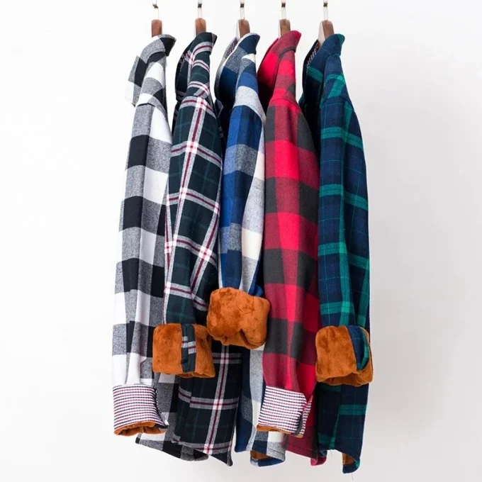 Men Excellent Tailoring Mandarin Collar Thicken Flannel Plaid Shirt