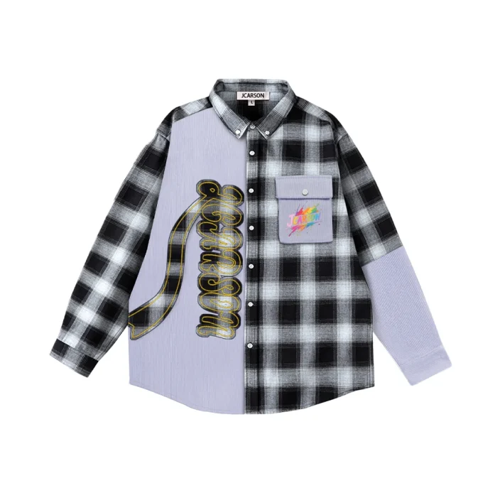 New Design Men's Long Sleeve Shirts with Patchwork Plaid Applique and Button Down Collar 100% Cotton Anti-Wrinkle for Autumn