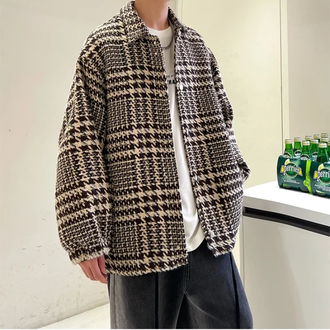 Autumn Plaid Woolen Coat Men Warm Fashion Retro Casual Woolen Jacket Men Korean Loose Long Sleeve Shirts