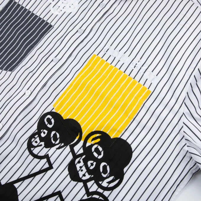 New Casual Summer High Quality Patchwork Stripe Boxy Fit Men's Shirt with Printing and Embroidery