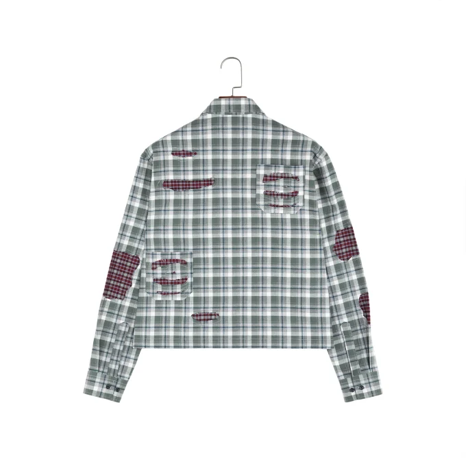 Cotton Vintage Wash Rhinestone Flannel Plaid Long Sleeve Shirt for Men Distressed Effect Patchwork Men's Social Shirts