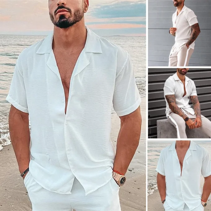 New Cotton Linen Men's Loose Casual Cuban Collar Short Sleeve Shirts White Breathable Beach Men's Button up Shirts