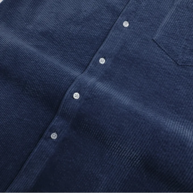 High Quality Men's Casual Embroidered Corduroy Dark Blue Short Sleeve Shirts