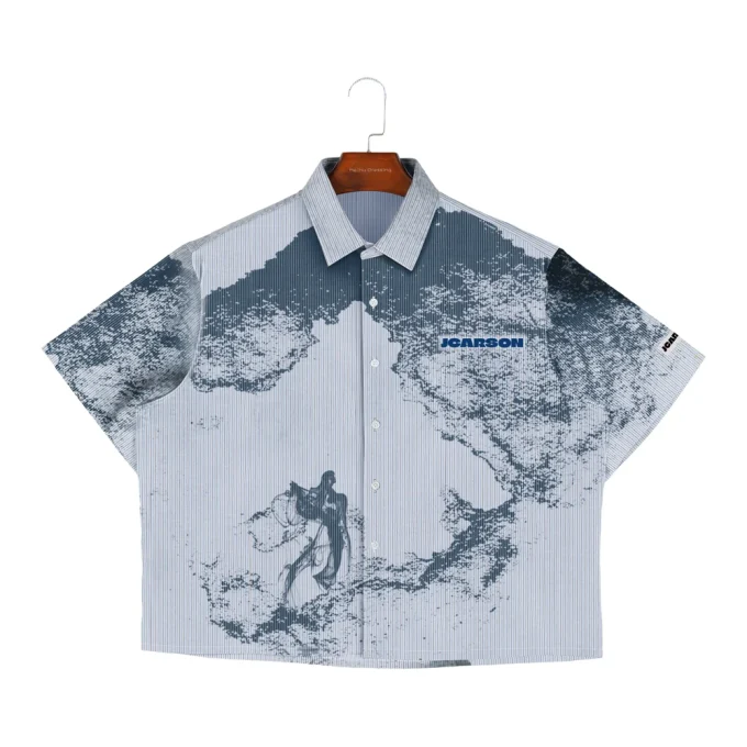 Summer Men's Boxy Style Printed Stripes Breathable Eco-Friendly 100% Cotton Broadcloth Button-Up Casual Short Sleeve Shirts