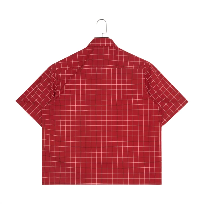 Summer Cropped Button up Shirt 100% Cotton Casual Square Collar Red Plaid Short Sleeve Shirt